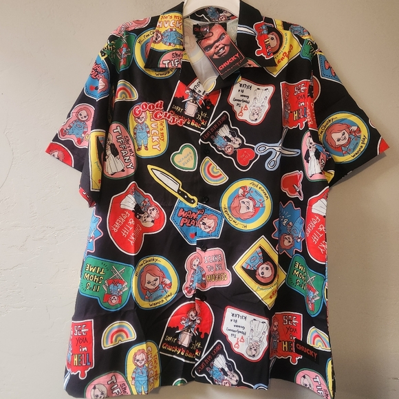 Chucky Black Shirt Button Down Childs Play Good Guys Patch Print Bride‎ Tiffany - Picture 1 of 14